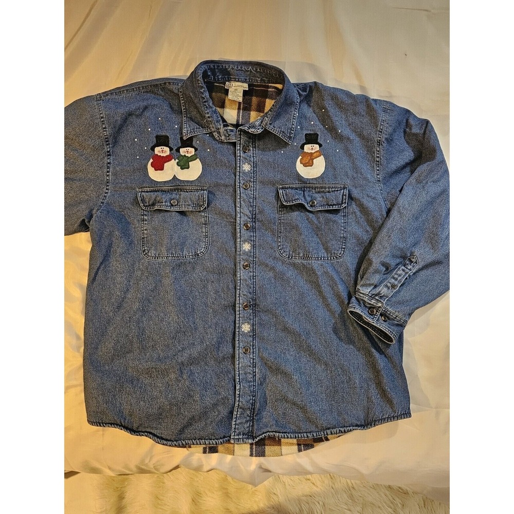 Blue Jean Jacket w/ Snowman Flannel‎ Lined Heavy Denim Shirt 3XLT